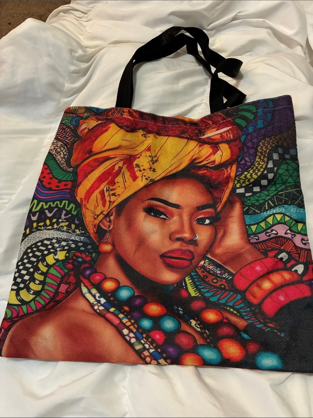 Colorful Canvas Tote Bag with Yellow Headwrap Artwork